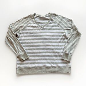 Eddie Bauer Womens Long sleeve Shirt Pullover Knit V Neck Gray Striped Size XL
